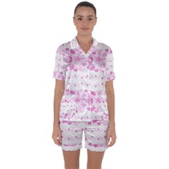 Pink Flowers Satin Short Sleeve Pajamas Set by Eskimos