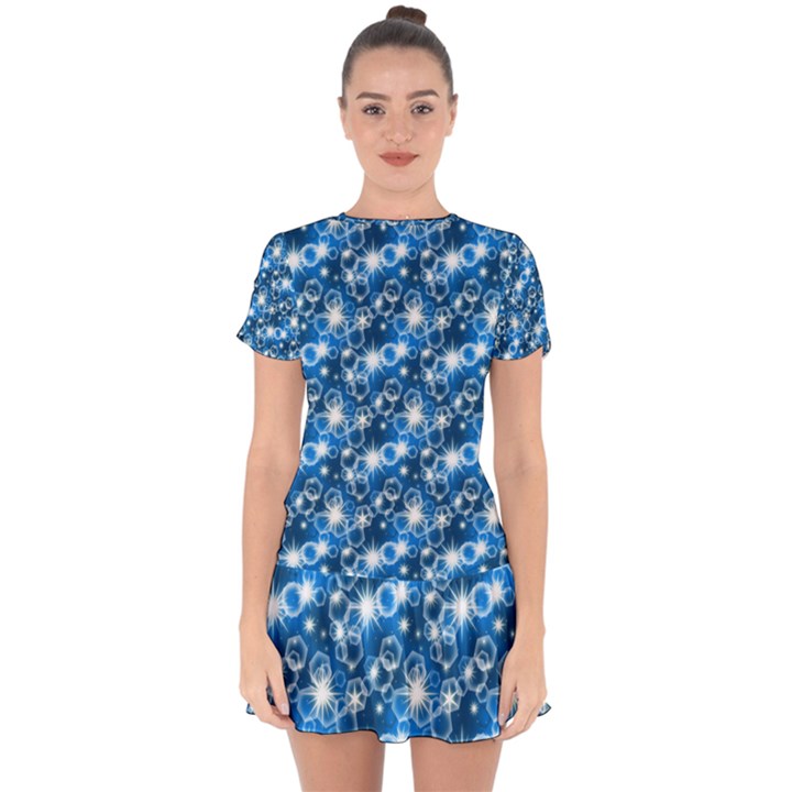 Star Hexagon Deep Blue Light Drop Hem Mini Chiffon Dress