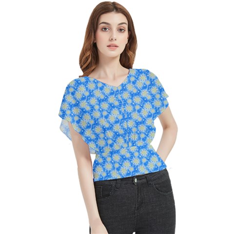 Hydrangea Blue Glitter Round Butterfly Chiffon Blouse by Dutashop