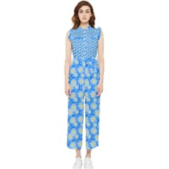 Hydrangea Blue Glitter Round Women s Frill Top Jumpsuit