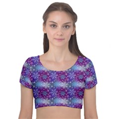 Snow Blue Purple Tulip Velvet Short Sleeve Crop Top  by Dutashop