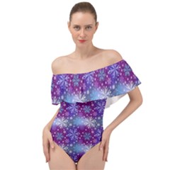 Snow Blue Purple Tulip Off Shoulder Velour Bodysuit  by Dutashop