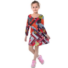 Maze Abstract Texture Rainbow Kids  Long Sleeve Velvet Dress by Dutashop