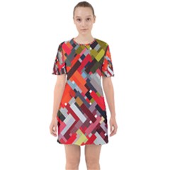 Maze Abstract Texture Rainbow Sixties Short Sleeve Mini Dress by Dutashop