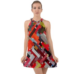 Maze Abstract Texture Rainbow Halter Tie Back Chiffon Dress by Dutashop