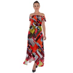 Maze Abstract Texture Rainbow Off Shoulder Open Front Chiffon Dress