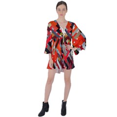 Maze Abstract Texture Rainbow V-neck Flare Sleeve Mini Dress by Dutashop