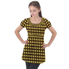 Yellow Pattern Green Puff Sleeve Tunic Top by Dutashop