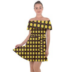 Yellow Pattern Green Off Shoulder Velour Dress