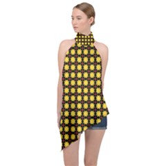 Yellow Pattern Green Halter Asymmetric Satin Top by Dutashop