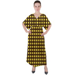 Yellow Pattern Green V-neck Boho Style Maxi Dress by Dutashop