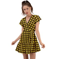 Yellow Pattern Green Flutter Sleeve Wrap Dress