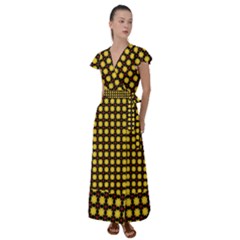 Yellow Pattern Green Flutter Sleeve Maxi Dress