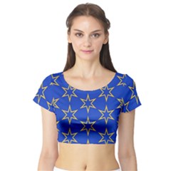 Star Pattern Blue Gold Short Sleeve Crop Top