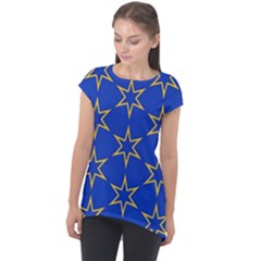 Star Pattern Blue Gold Cap Sleeve High Low Top by Dutashop