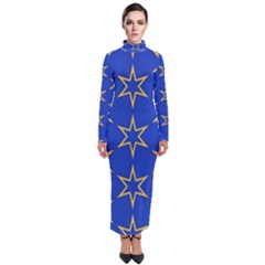 Star Pattern Blue Gold Turtleneck Maxi Dress by Dutashop