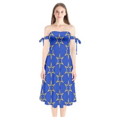 Star Pattern Blue Gold Shoulder Tie Bardot Midi Dress by Dutashop