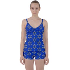 Star Pattern Blue Gold Tie Front Two Piece Tankini by Dutashop