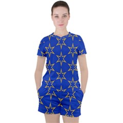 Star Pattern Blue Gold Women s Tee And Shorts Set