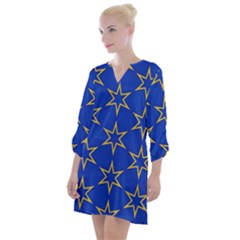 Star Pattern Blue Gold Open Neck Shift Dress