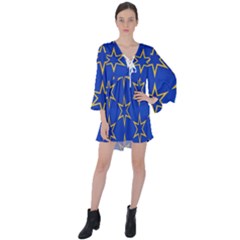 Star Pattern Blue Gold V-neck Flare Sleeve Mini Dress by Dutashop