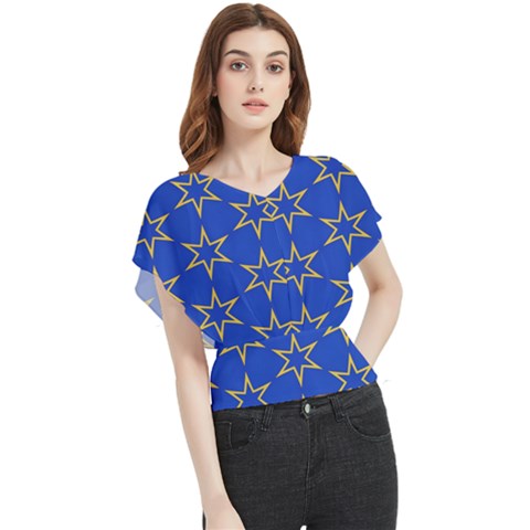 Star Pattern Blue Gold Butterfly Chiffon Blouse by Dutashop