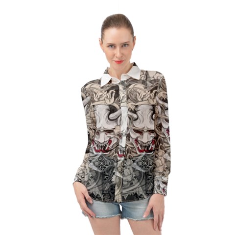 Samurai Oni Mask Long Sleeve Chiffon Shirt by Saga96