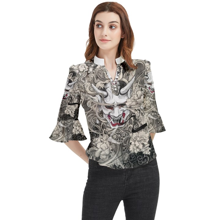 Samurai Oni Mask Loose Horn Sleeve Chiffon Blouse