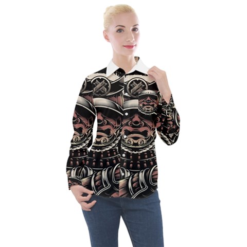 Samurai Oni Mask Women s Long Sleeve Pocket Shirt by Saga96