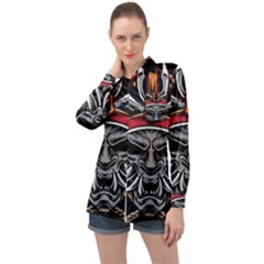 Samurai Oni Mask Long Sleeve Satin Shirt