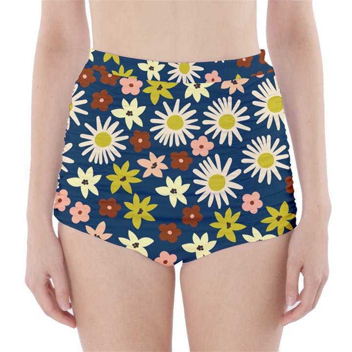 Floral abstract vector seamless pattern with chamomile and alpine flowers in minimalistic style. Hand-drawn botanical repeated background   High-Waisted Bikini Bottoms