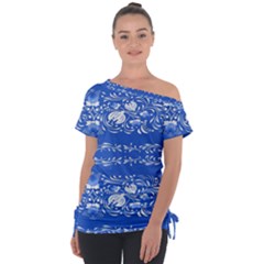 Blue flowers Off Shoulder Tie-Up Tee