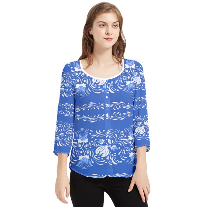 Blue flowers Chiffon Quarter Sleeve Blouse