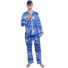 Blue Flowers Men s Long Sleeve Satin Pajamas Set by Eskimos