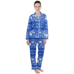 Blue Flowers Satin Long Sleeve Pajamas Set by Eskimos