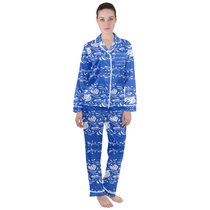 Blue flowers Satin Long Sleeve Pajamas Set