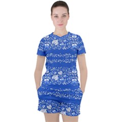 Blue flowers Women s Tee and Shorts Set