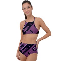 Dark Geometric Shapes Print Pattern High Waist Tankini Set by dflcprintsclothing