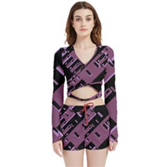 Dark Geometric Shapes Print Pattern Velvet Wrap Crop Top And Shorts Set by dflcprintsclothing