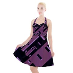 Dark Geometric Shapes Print Pattern Halter Party Swing Dress 