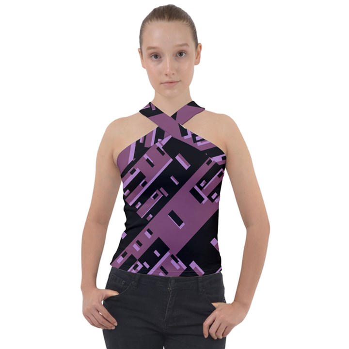 Dark Geometric Shapes Print Pattern Cross Neck Velour Top