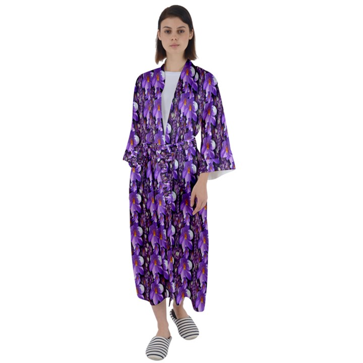 Flowers Into A Decorative Field Of Bloom Popart Maxi Satin Kimono