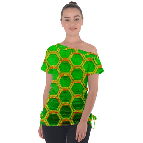 Hexagon Window Off Shoulder Tie-up Tee by essentialimage365