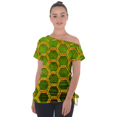 Hexagon Windows Off Shoulder Tie-up Tee by essentialimage365