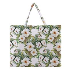 White Flowers Zipper Large Tote Bag by goljakoff