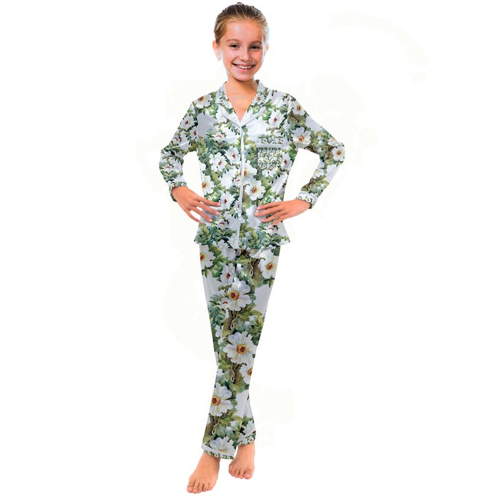 White flowers Kid s Satin Long Sleeve Pajamas Set