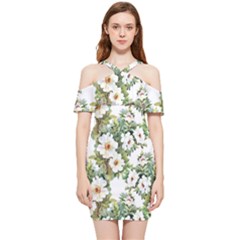 White Flowers Shoulder Frill Bodycon Summer Dress by goljakoff