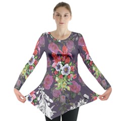 Purple Flowers Long Sleeve Tunic  by goljakoff