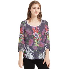 Purple Flowers Chiffon Quarter Sleeve Blouse by goljakoff