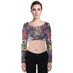 Purple Flowers Velvet Long Sleeve Crop Top by goljakoff